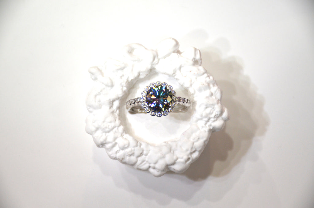 2ct Moissanite Halo Engagement Ring - Sterling Silver Round Cut