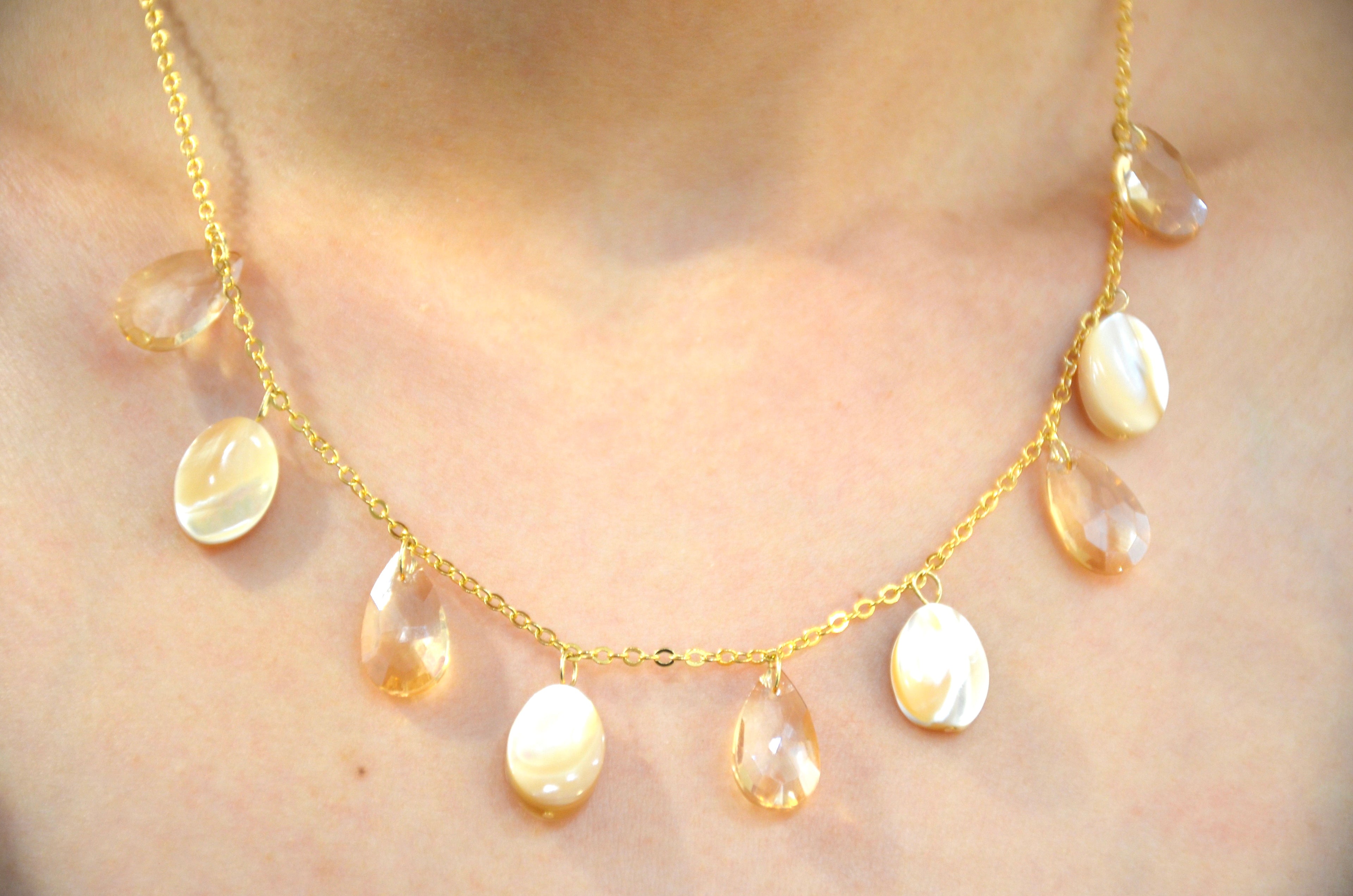 Luminous Teardrop Necklace - Gold Chain with Iridescent Gemstone Charms