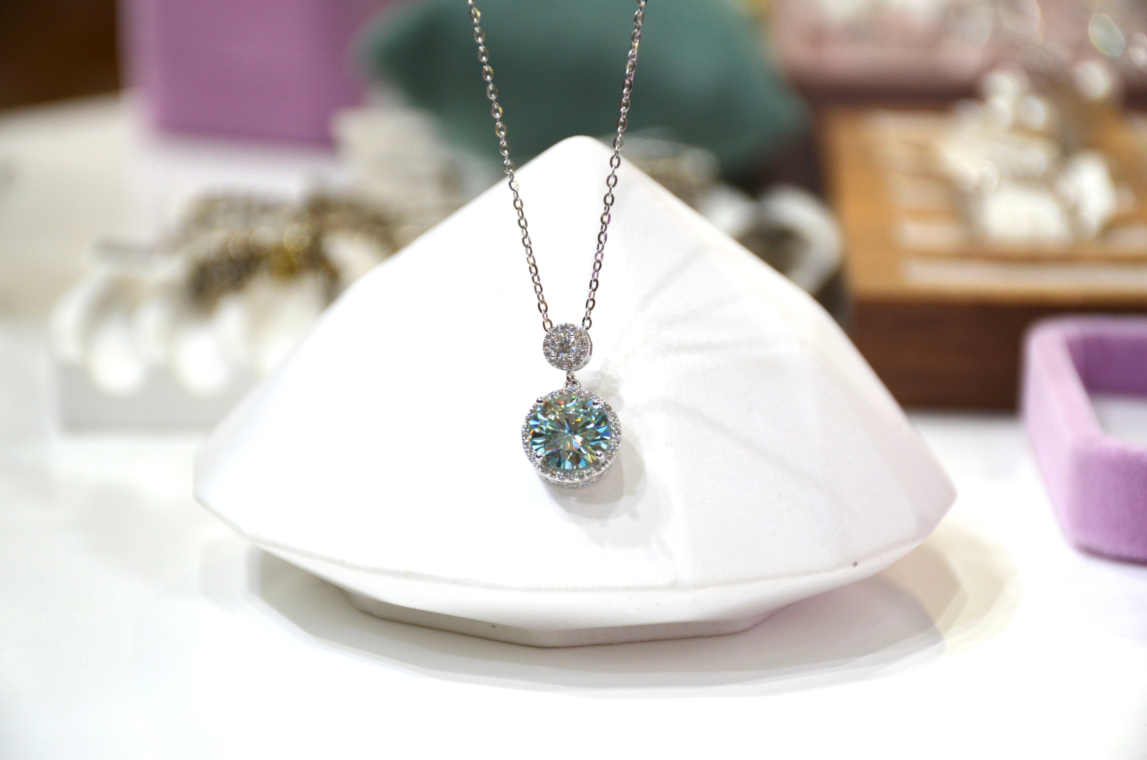 Brilliant Moissanite Pendant Necklace - Sterling Silver Halo Setting