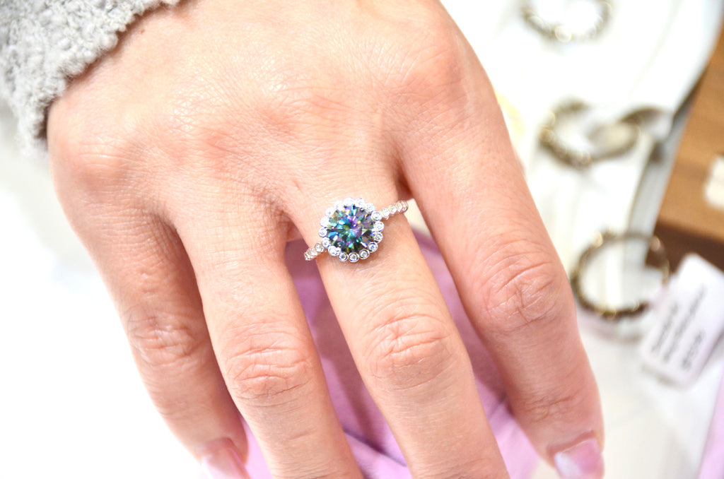 2ct Moissanite Halo Engagement Ring - Sterling Silver Round Cut