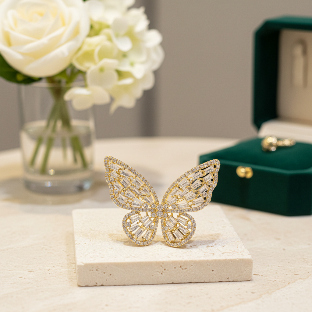 Sparkling Crystal Butterfly Statement Ring - Adjustable