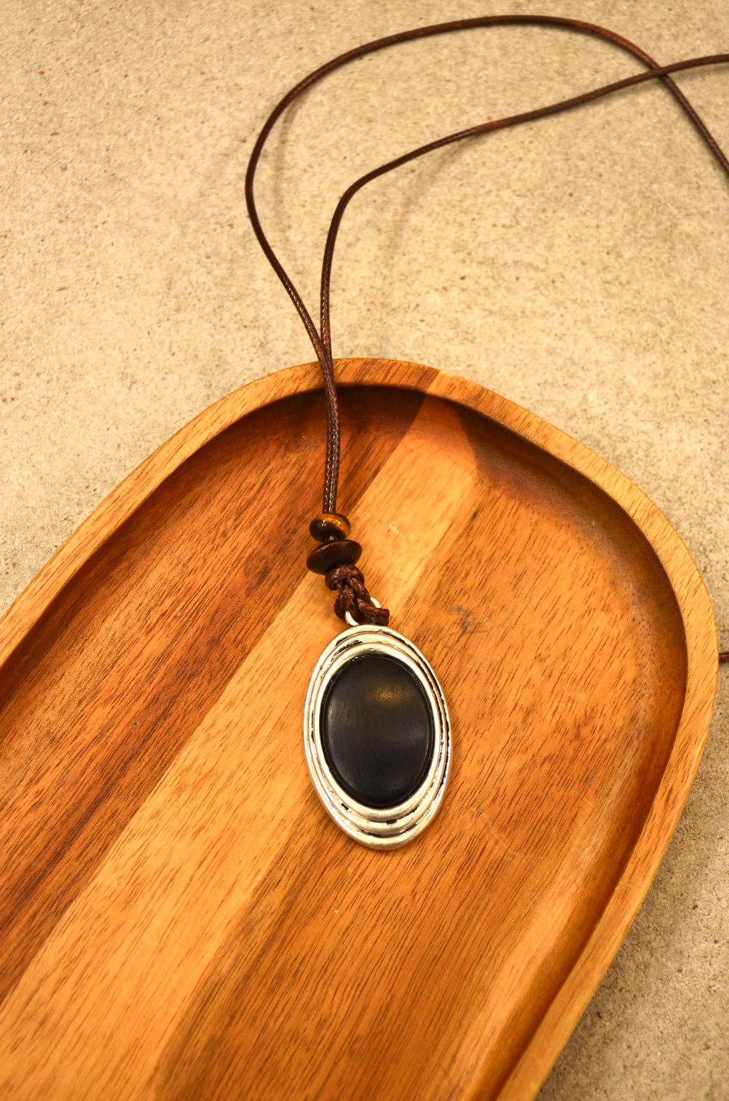 Bohemian Oval Pendant Necklace - Silver Frame with Brown Leather Cord