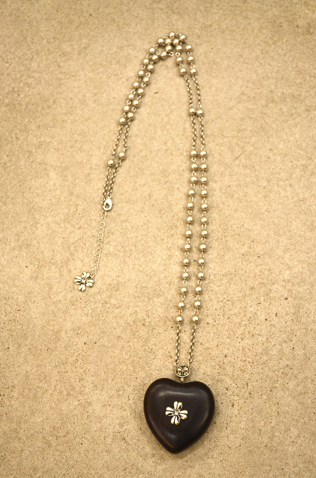 Romantic Heart Pendant Necklace - Dark Wood with Silver Flower Accents
