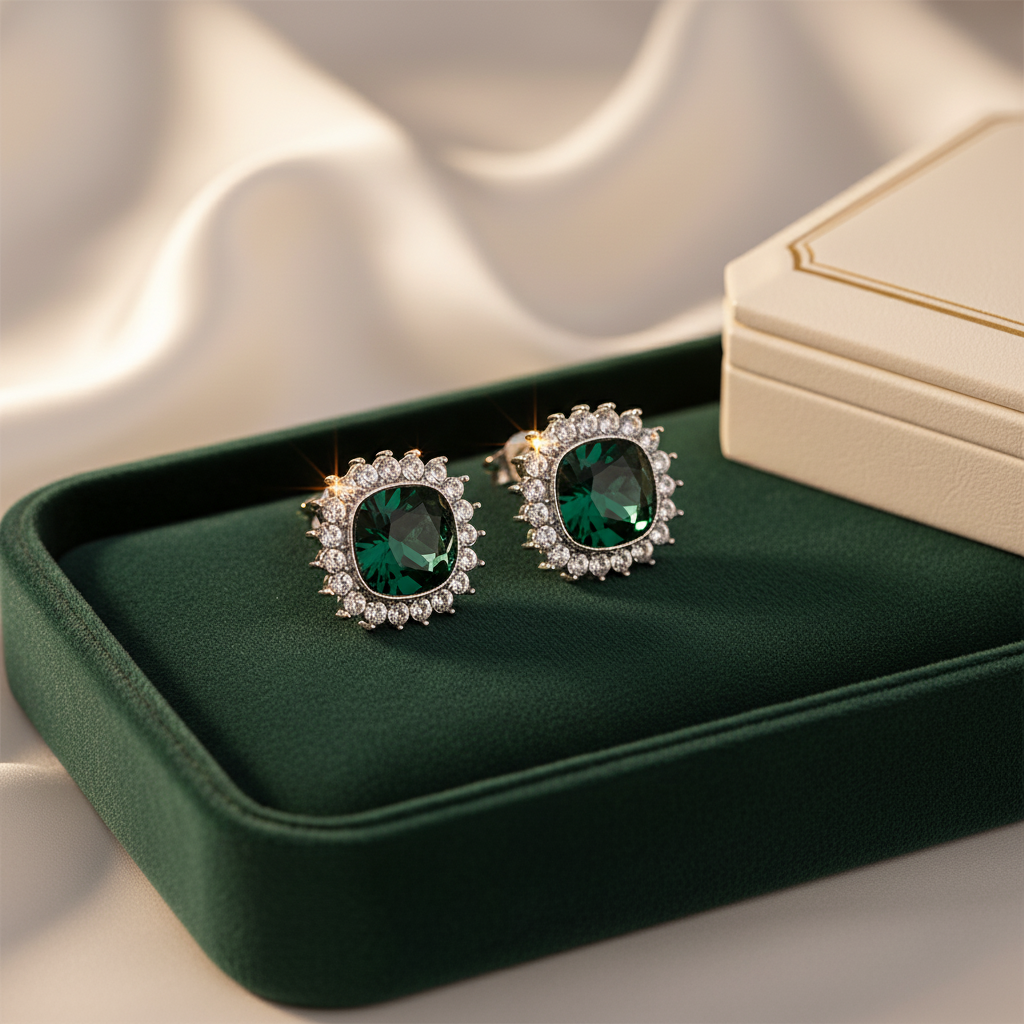 Emerald Green Crystal Halo Stud Earrings - Gold Plated