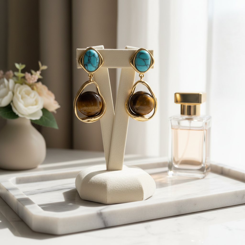 Turquoise & Tiger's Eye Drop Earrings - Gold Plated Gemstone Earrings