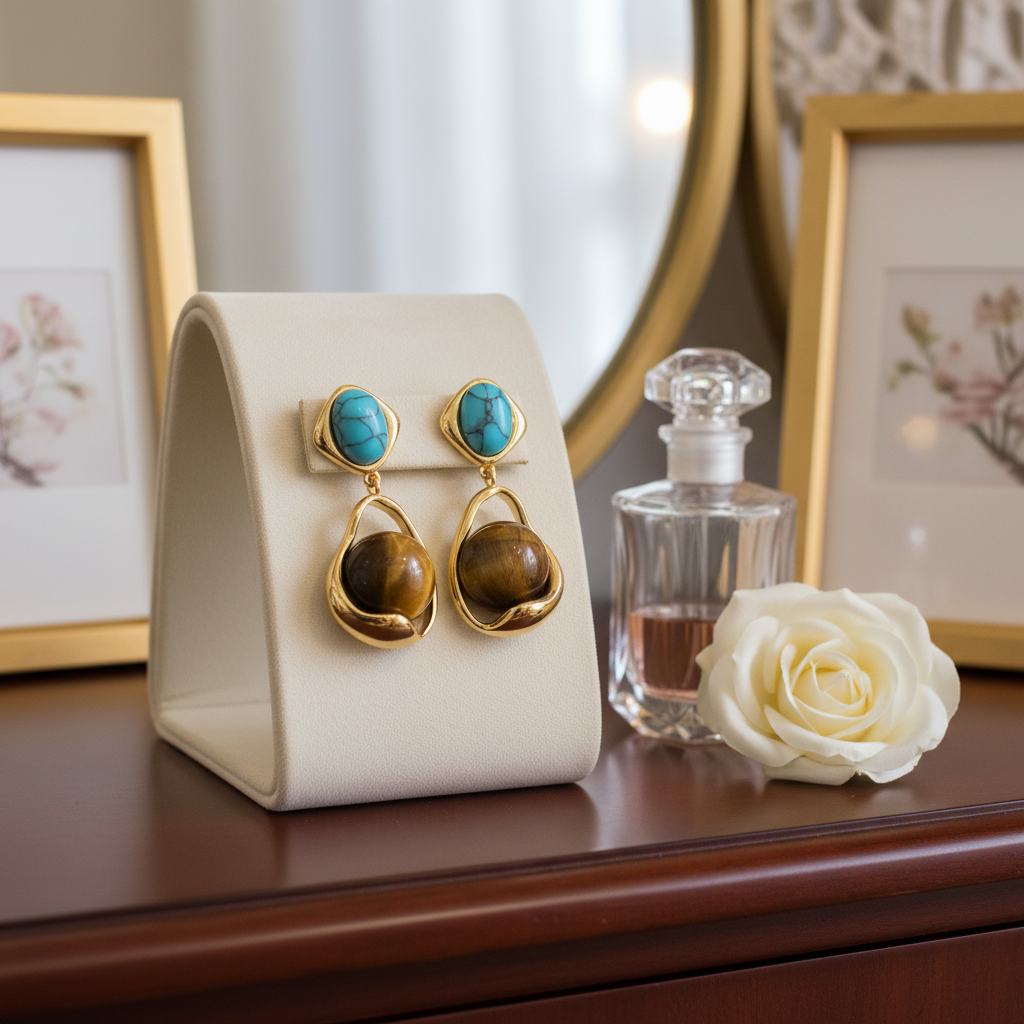 Turquoise & Tiger's Eye Drop Earrings - Gold Plated Gemstone Earrings