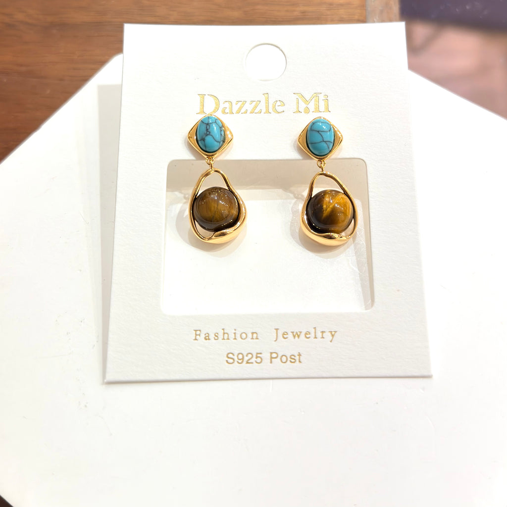 Turquoise & Tiger's Eye Drop Earrings - Gold Plated Gemstone Earrings