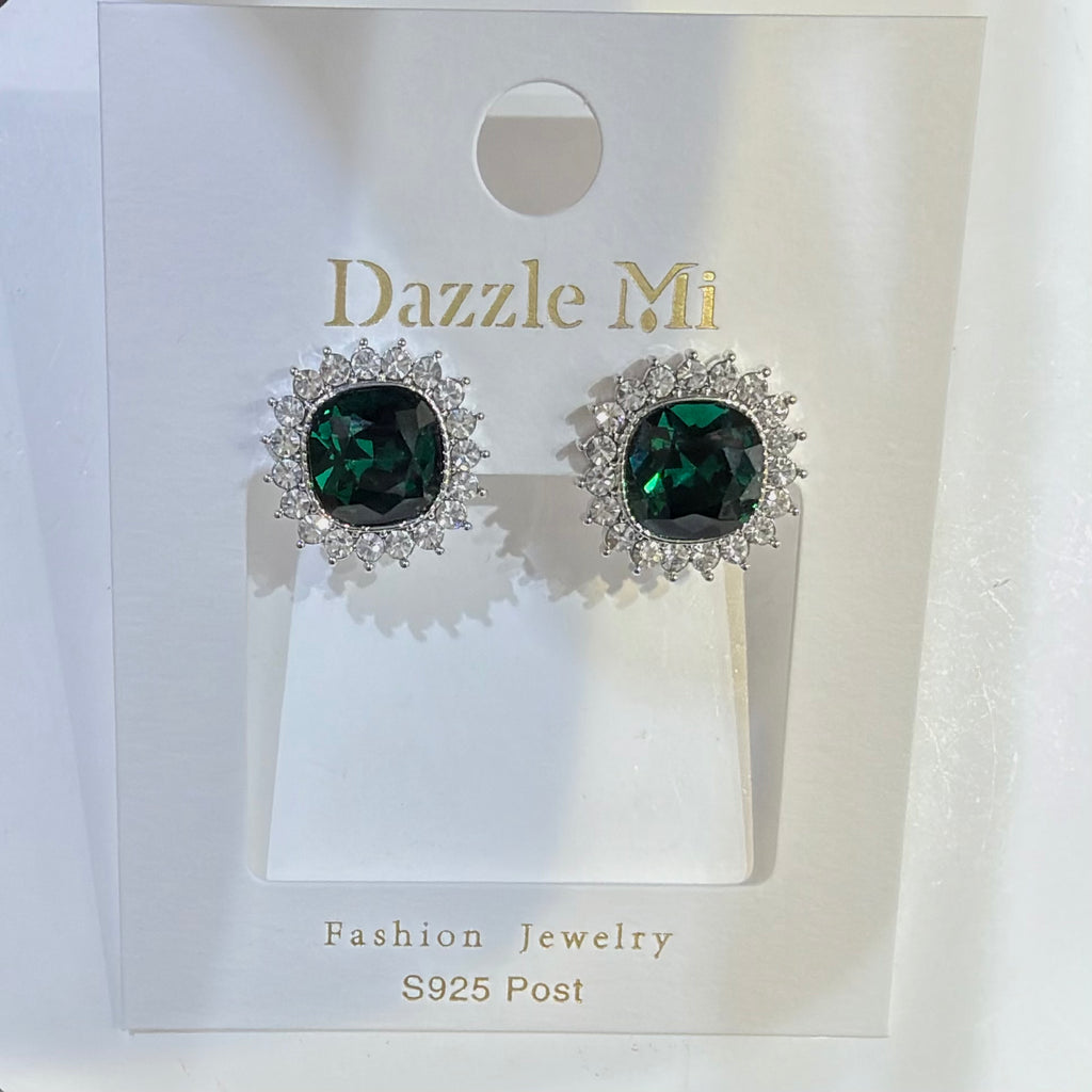 Emerald Green Crystal Halo Stud Earrings - Gold Plated