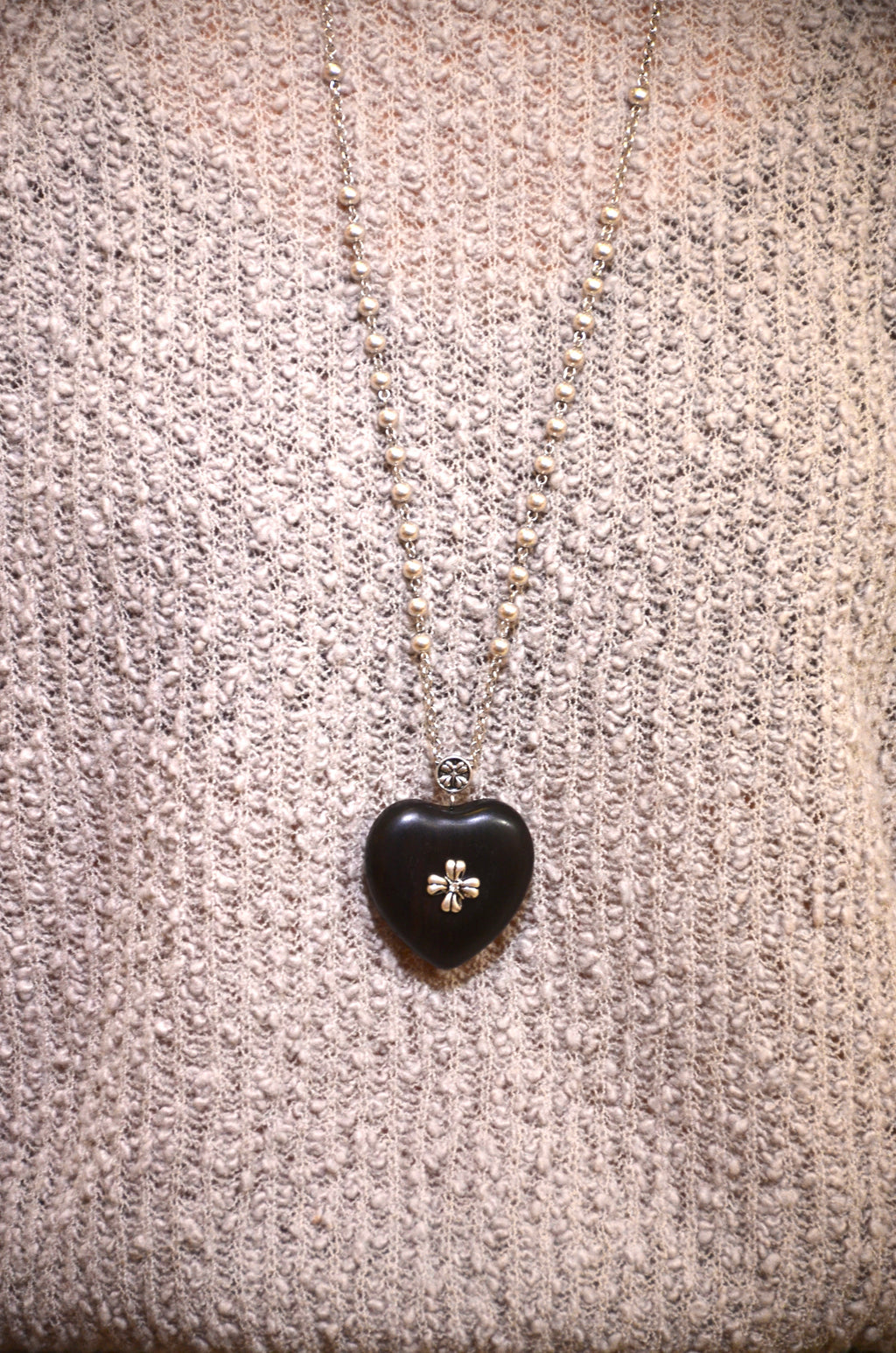 Romantic Heart Pendant Necklace - Dark Wood with Silver Flower Accents