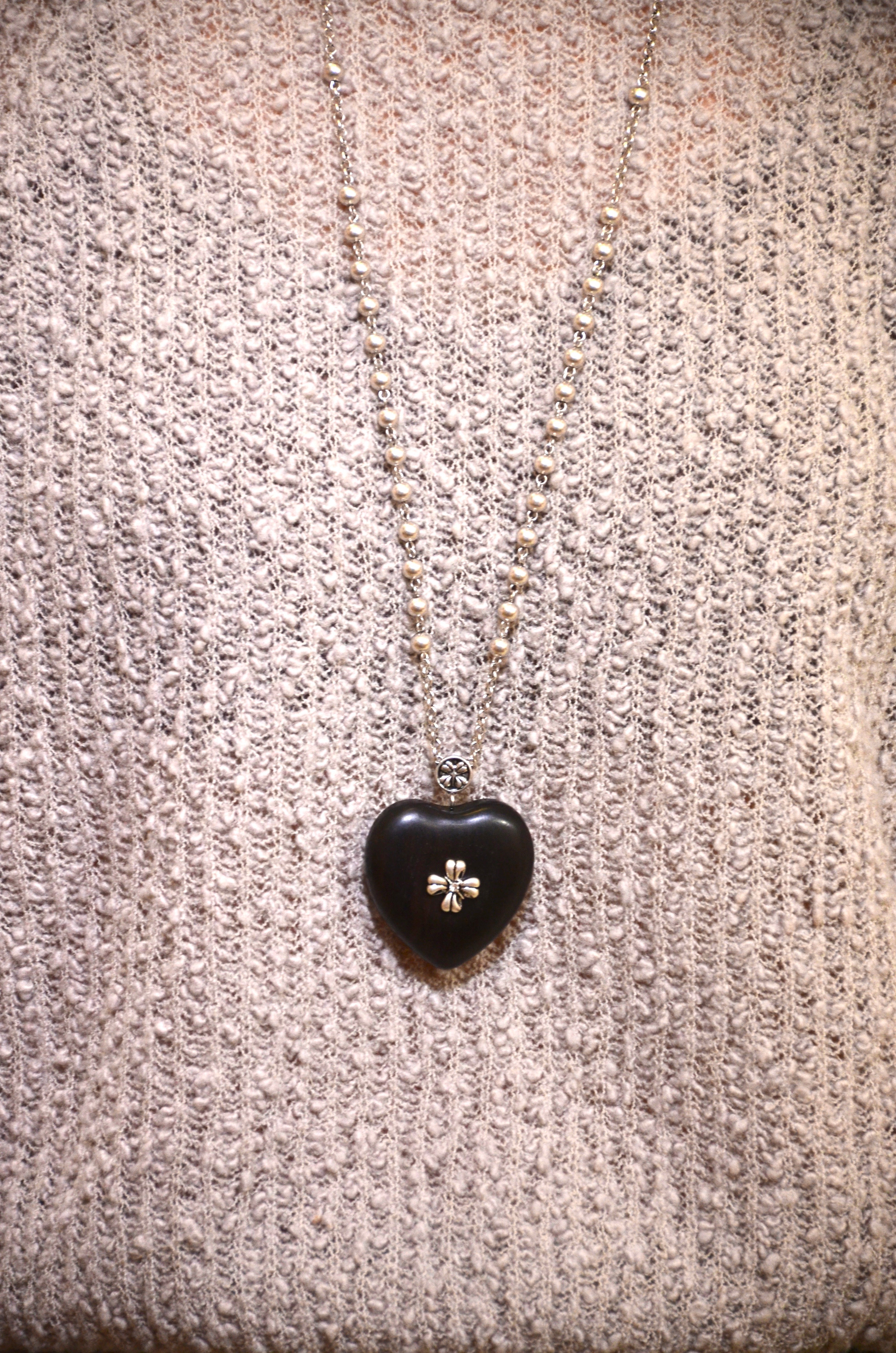 Romantic Heart Pendant Necklace - Dark Wood with Silver Flower Accents