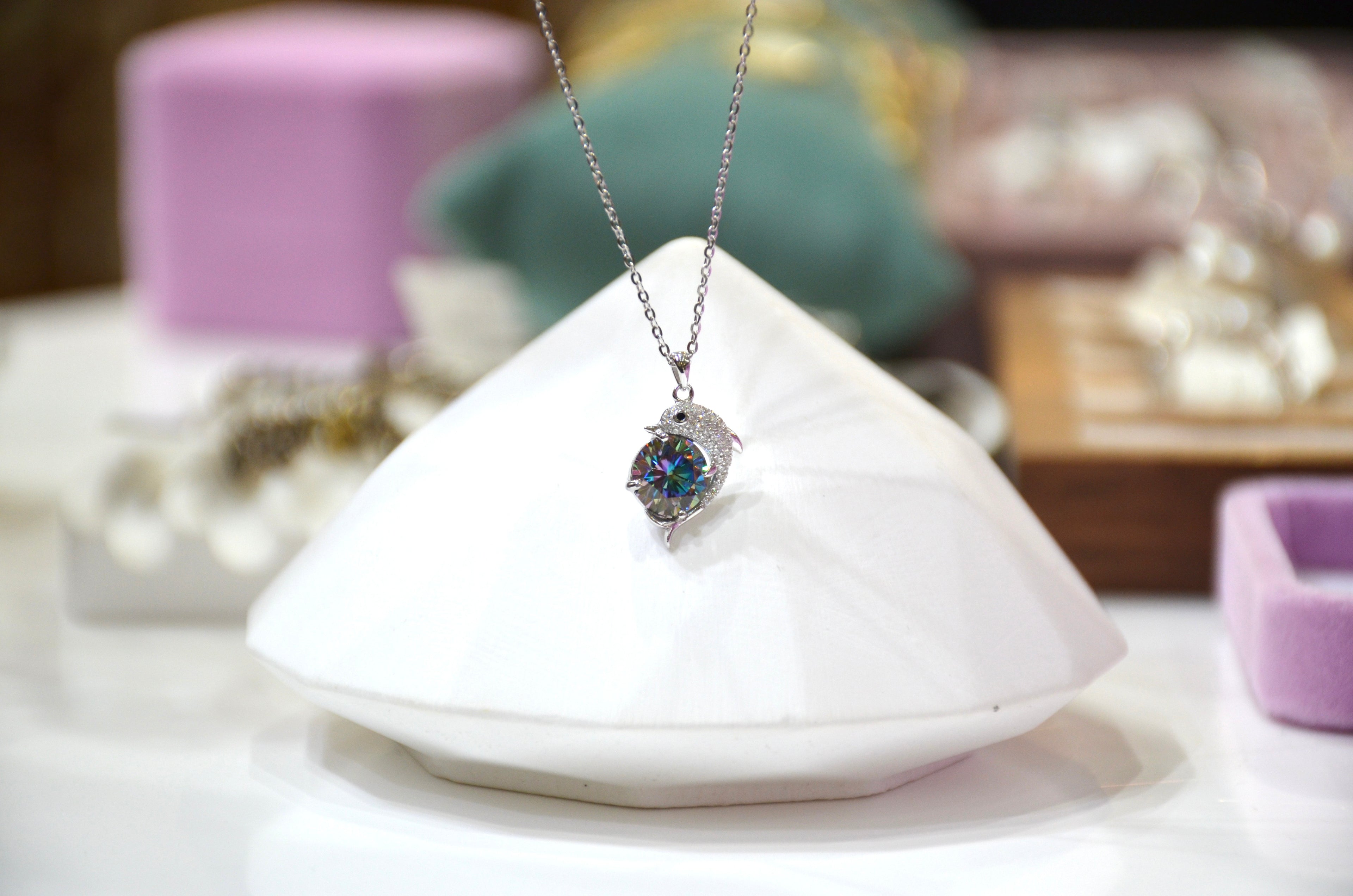 Dolphin Moissanite Pendant Necklace - Sterling Silver with Brilliant Stone