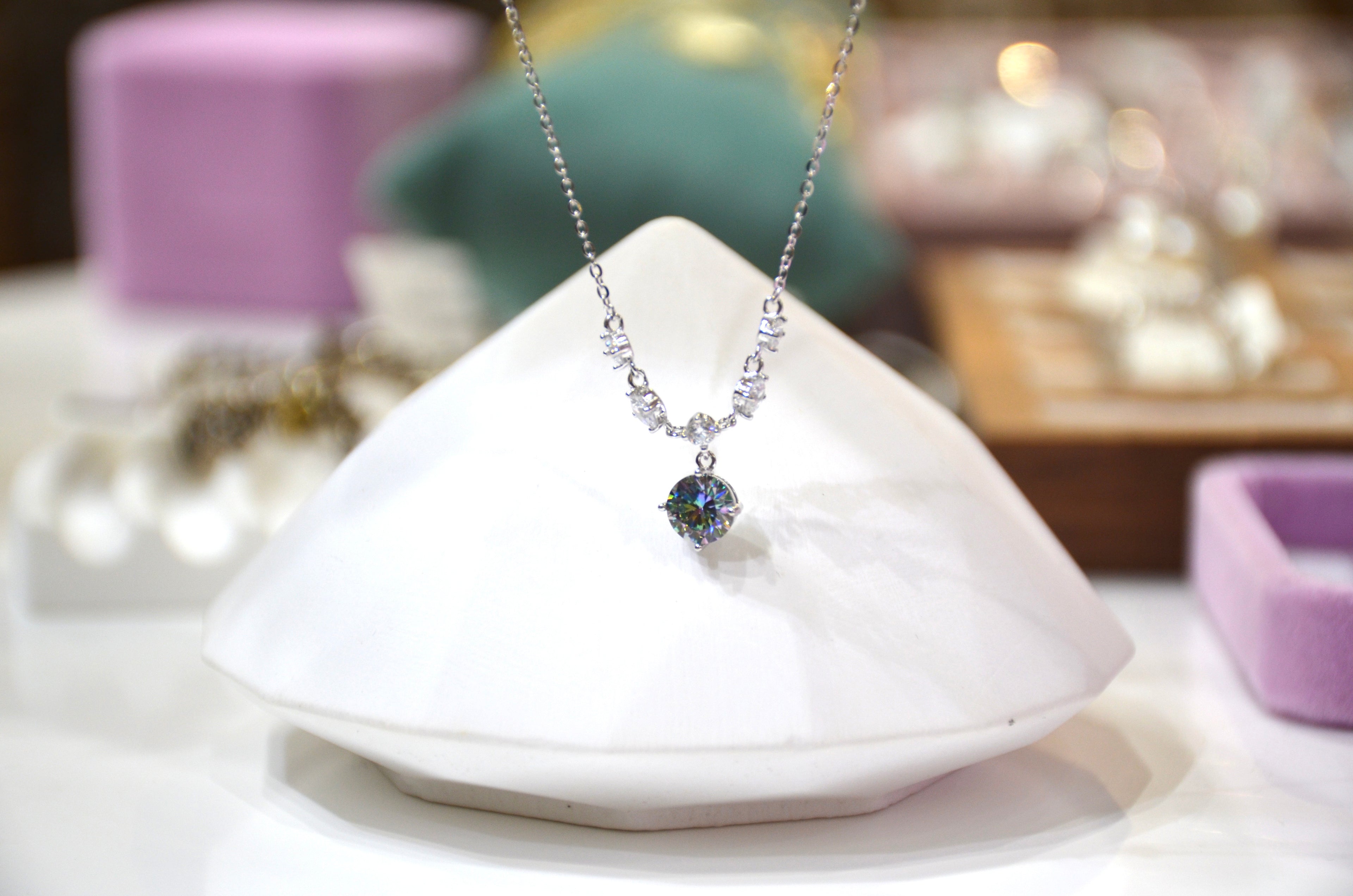 Elegant Moissanite Drop Pendant Necklace - Sterling Silver with Crystal Accents