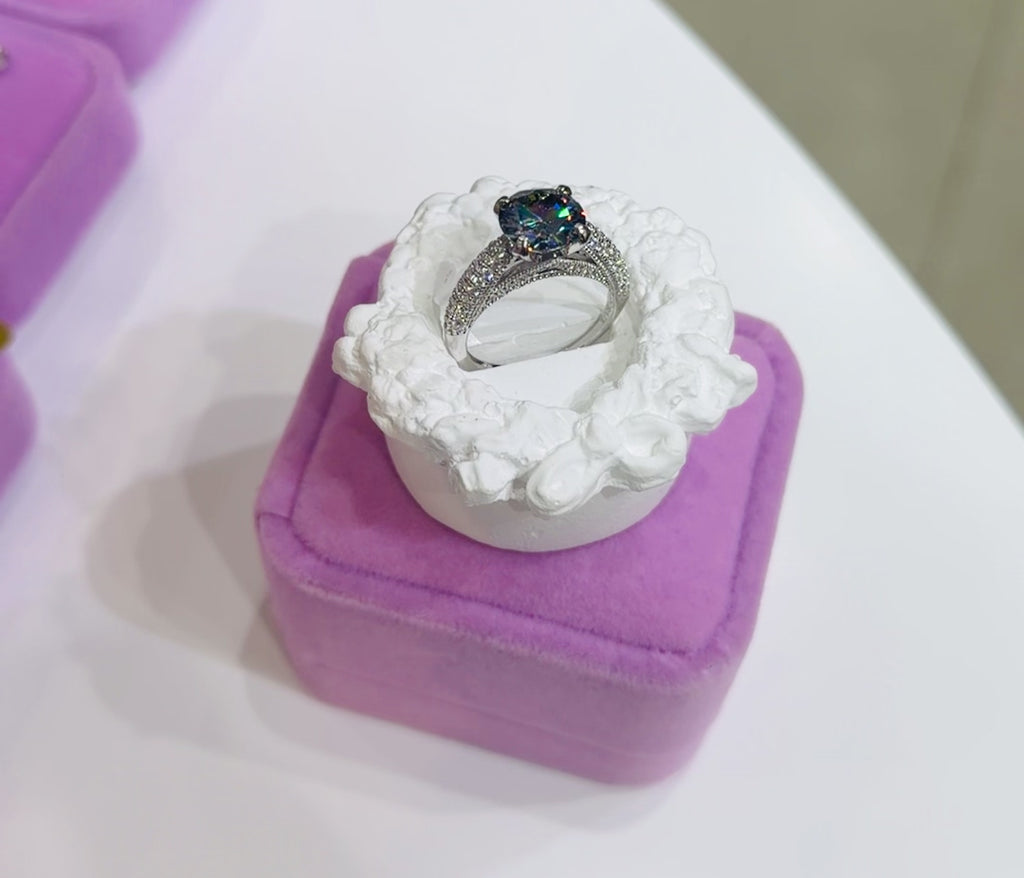 3ct Moissanite Engagement Ring - Sterling Silver with Pavé Band